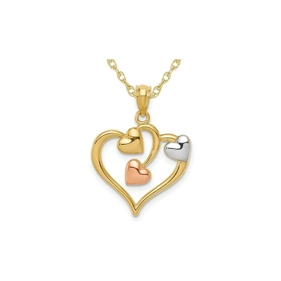 14K Yellow Gold Triple Heart Charm Pendant Necklace with Chain