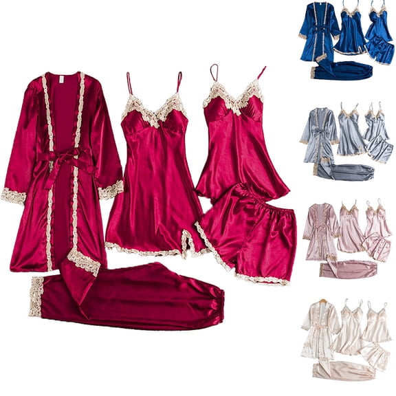 Chroia Women's 5PCS Silk Satin Pajama Set - Soft Cute Sleepwear Loungewear