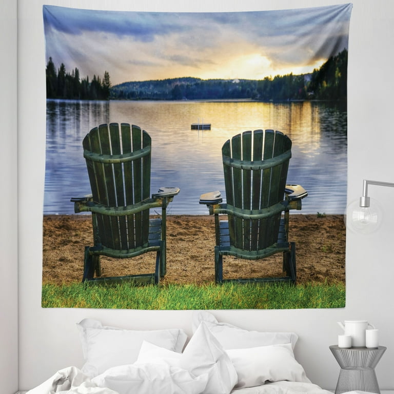 Beach Tapestry, 2 Wooden Chairs on Relaxing Lakeside at Sunset Algonquin  Provincial Park Canada, Fabric Wall Hanging Decor for Bedroom Living Room  Dorm, 5 Sizes, Navy Green, by Ambesonne 