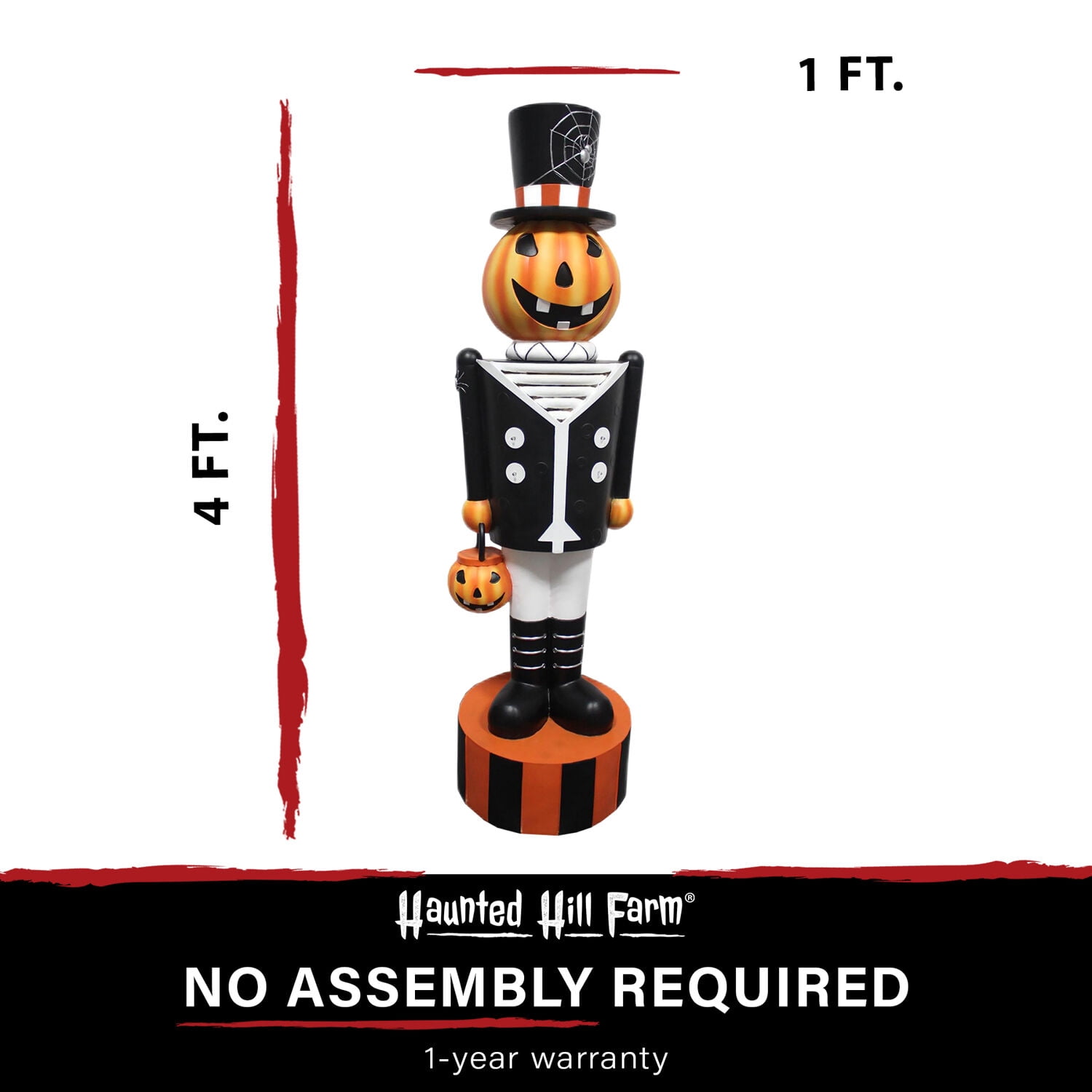 Haunted Hill Farm 4 ft Jack-O-Lantern Nutcracker Prelit LED Resin Figurine, Indoor or Covered Outdoor Halloween Decoration, Plug-In, HHRS048-1PMP-MLT