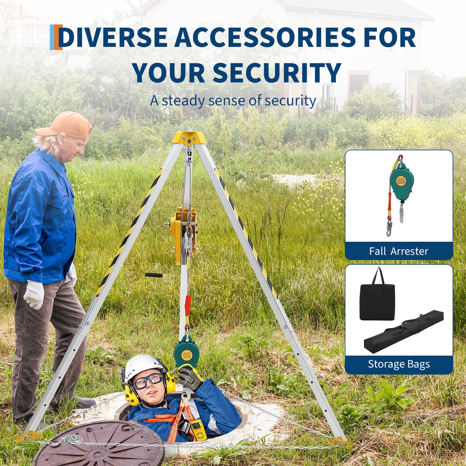 Confined Space Rescue Tripod Kit with 1200lbs Winch, 7ft Legs, 98ft Cable, Steel Construction, 33ft Fall Arrestor and Storage Bag