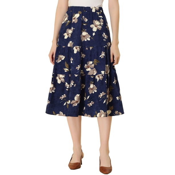 Falda midi floral Allegra K con Bolsillos vintage elegantes capas Cintura elástica mujer Cian tibetano S