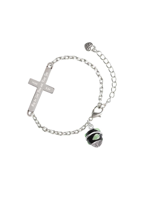 Silvertone Lime Leaves on Black Band Spinner - Bless and Keep You - Cross Bracelet