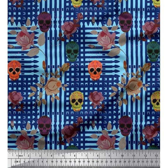Soimoi Cotton Cambric Fabric Leaves,Rose & Skull Halloween Printed Fabric 1 Yard 56 Inch Wide