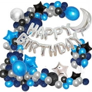 Blue Birthday Decorations, Blue Black and Silver Navy Blue Party Balloons for Boys Men Girls Women 105 Pcs with Happy Birthday Banner Letters balloons Helium Foil Star Garland & Arch Latex Balloons