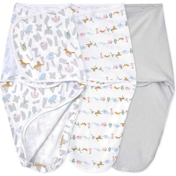 aden anais essentials Cotton Wrap Swaddles, Alphabet Animals, Unisex, Newborn, 0-3 Mo, 3-Pack