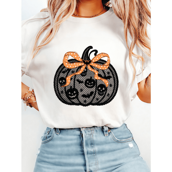 Womens Black Lace Pumpkin Print T-shirts Coquette Halloween Graphic Tees Short Sleeve Casual Tops for Daily Outfits Cotton Shirts Thanksgiving Gift White,M