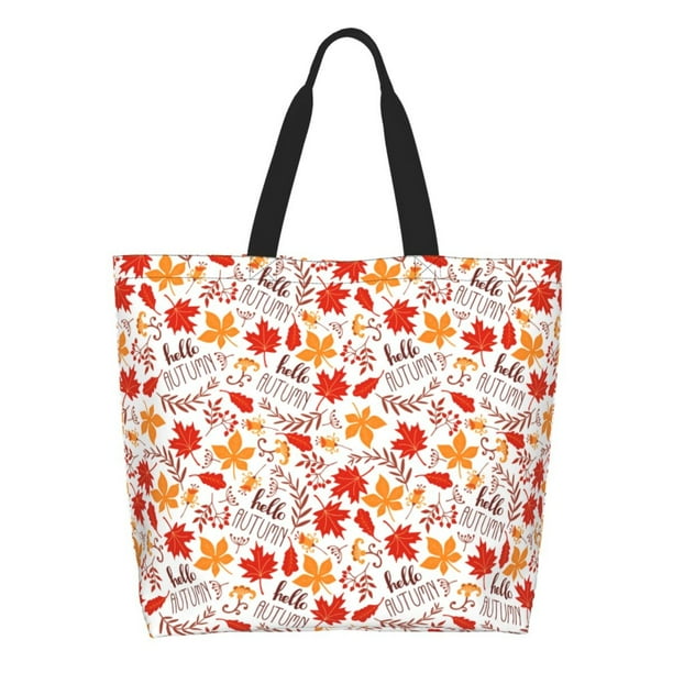 Fotbe Hello Autumn Maple Leaf Bolsa Tote Estética de Lona con Estampado para Mujer - Bolsa Reutilizable de Hombro Casual para Vacaciones, Compras, Trabajo y Gimnasio