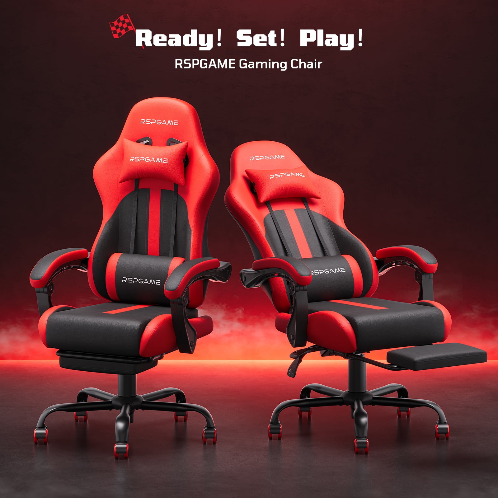 RSPGame Gaming Chair for Adults, PU Leather Office Chair with Lumbar Support and Retractable Footrest, Red Racing