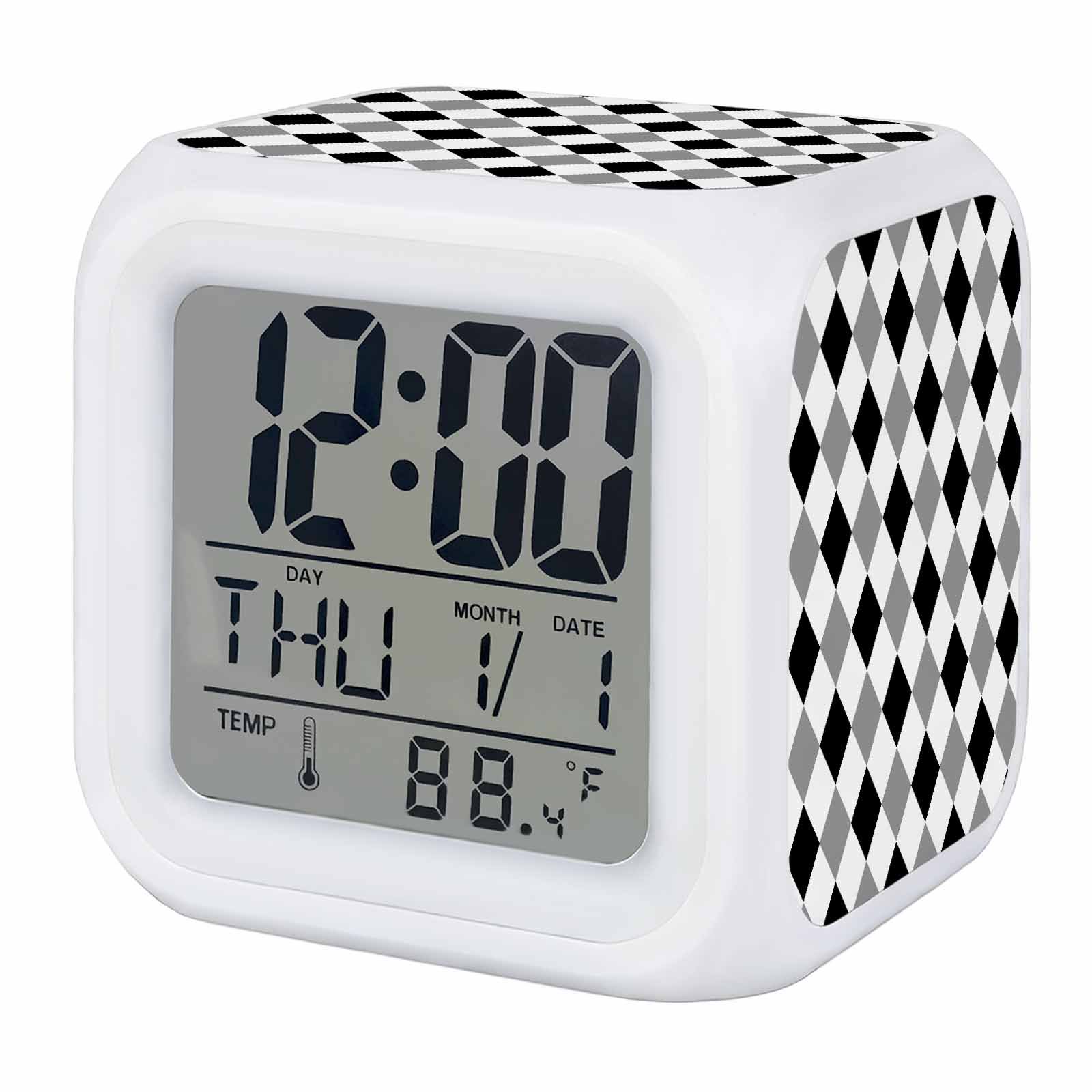 Grey Black Plaid Alarm Clock, Simple Black White Grey Diamond Digital Clock Night Light with 7 Color, Calendar Temperature Display, LED Desk Small Clock for Bedrooms Bedside Living Room