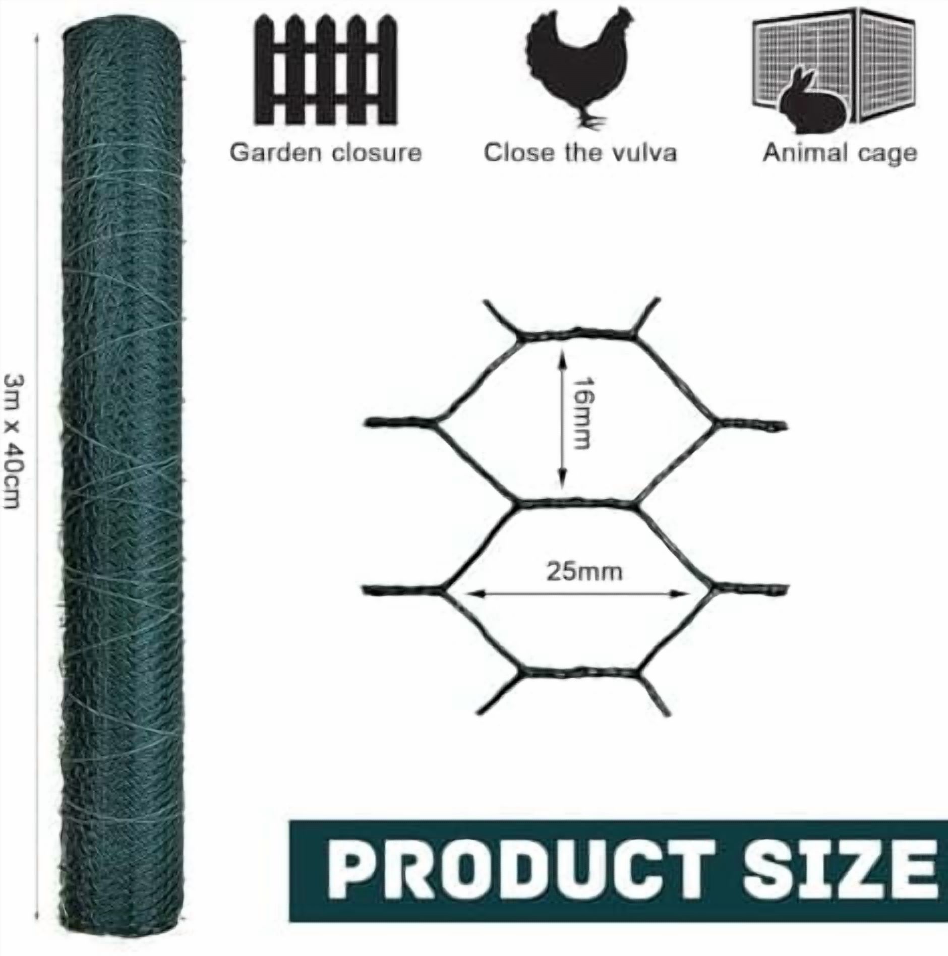 Garden Poultry Green Chicken Wire PVC Coated Hexagonal Wire Mesh Roll Animal Fence 3m x 400mm Garden Netting Fencing for Pet Rabbit Chicken with Gloves & 50Pcs Cable Ties