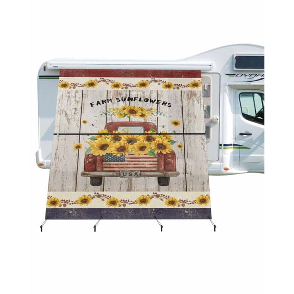 4th of July RV Awning Sun Shade Screen 9'X7' Sunflower Truck Mesh Sunscreen Red Blue Stripes Wood Grain Awning Shade Screen with Zipper UV Blocker Completed Kits for RV Motorhome Camper