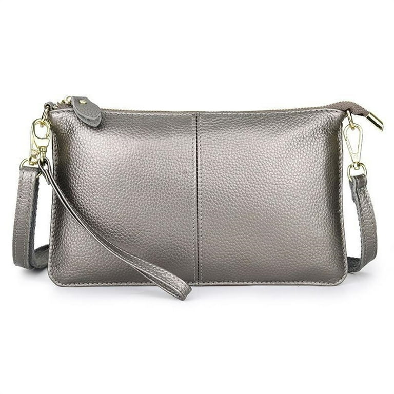 Clutch Bags for Women Genuine Leather Ladies Wristlet Purse Wallet Phone Bag with Detachable Wrist Strap Silver Grey
