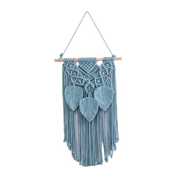 Tapiz de pared de macramé con borlas de hojas, decoración bohemia para pared, arte decorativo Azul