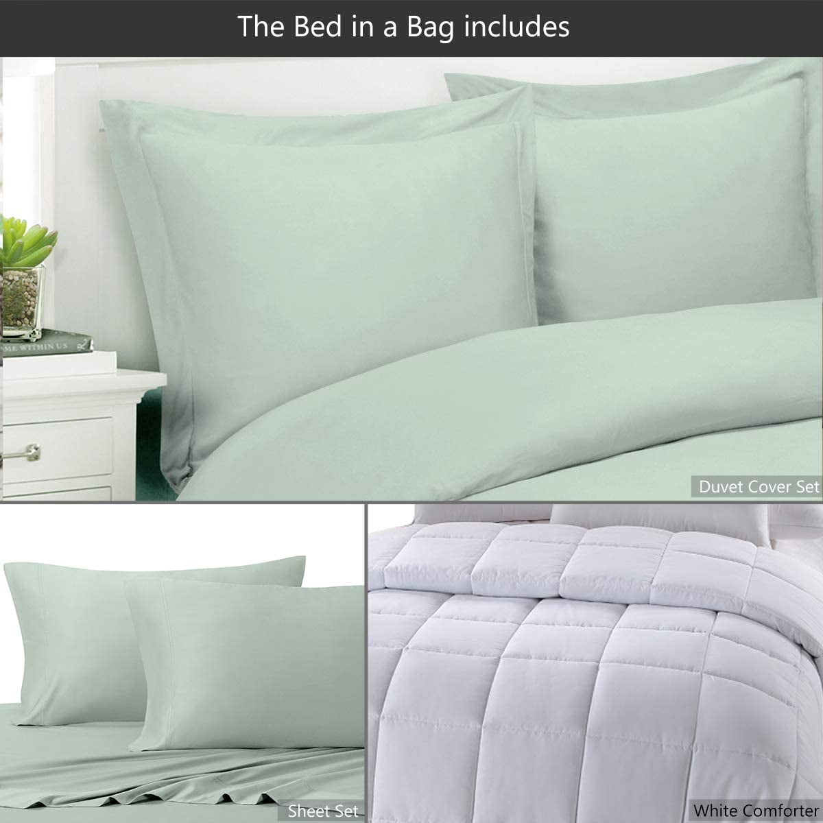 Sheetsnthings 8pc Bed in a Bag Set: Queen Size, Viscose from Bamboo, Solid Sea (Sheet Set & Duvet Cover Set) + White Down Alternative Comforter
