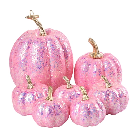 FXMLRLK Pink Velvet Pumpkins Fall Decor, 7PCS Artificial Glitter Pumpkins for Halloween Thanksgiving Day Home Centerpieces for Tables Seasonal Holiday Decor