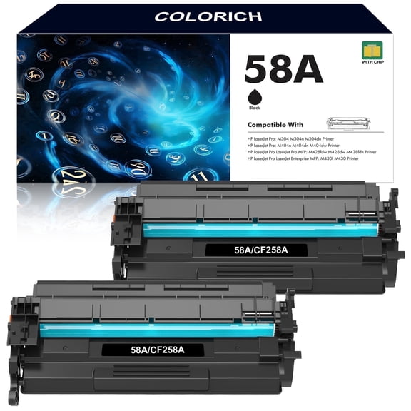 Colorich 58A Toner Cartridges with Chip Compatible for HP 58A CF258A 58X CF258X Laserjet M428fdw M404 M404n M404dn M404dw N406dn MFP M428fdn M428dw M428 M430f Printer (Black, 2 Pack)