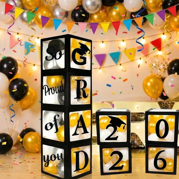 Graduation Decorations 2026, Graduation Balloon Boxes with "GRAD" & "So Proud of You" Letters, 4 Pack Grad Boxes for Graduation Party Decorations (9.8 Inches)
