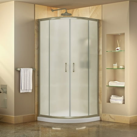 DreamLine Prime 33 in. x 74 3/4 in. Semi-Frameless Frosted Glass Sliding Shower Enclosure in Brushed Nickel with White Base