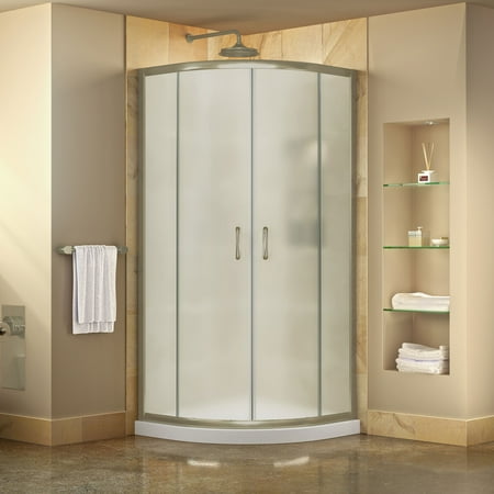 Based White Kit - DreamLine Prime 33 in. x 74 3/4 in. Semi-Frameless Frosted Glass Sliding Shower Enclosure in Brushed Nickel with White Base Kit