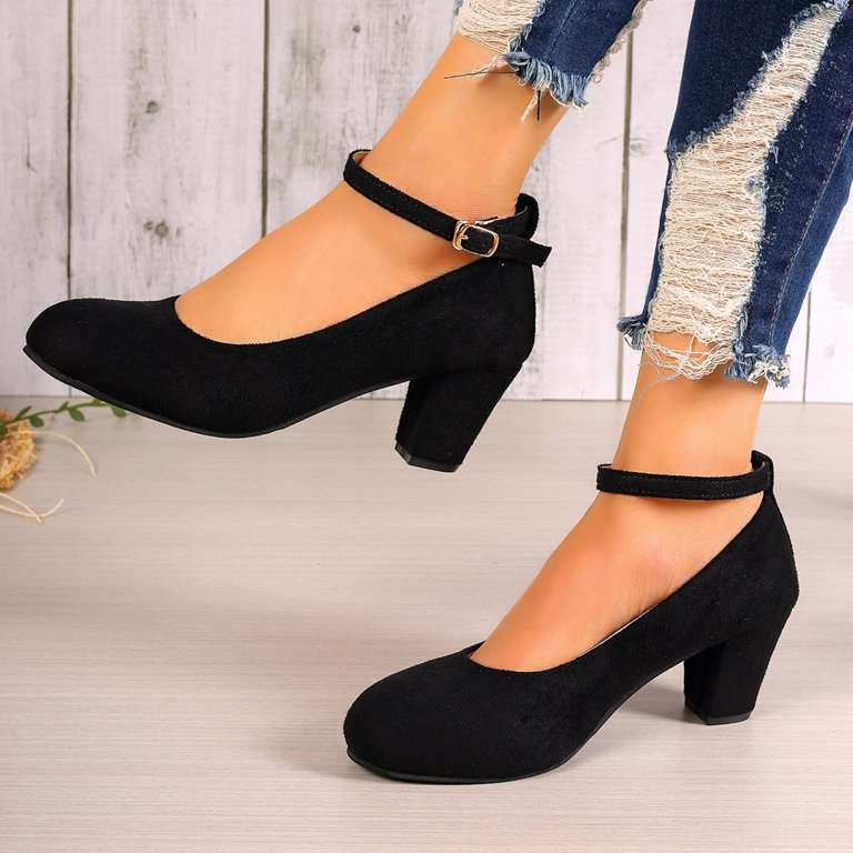 black heels for formal dress Black Dress Shoes for Women Suede Pointed Toe Block High Heels Ankle Strap Business Formal Fall Pumps Ladies