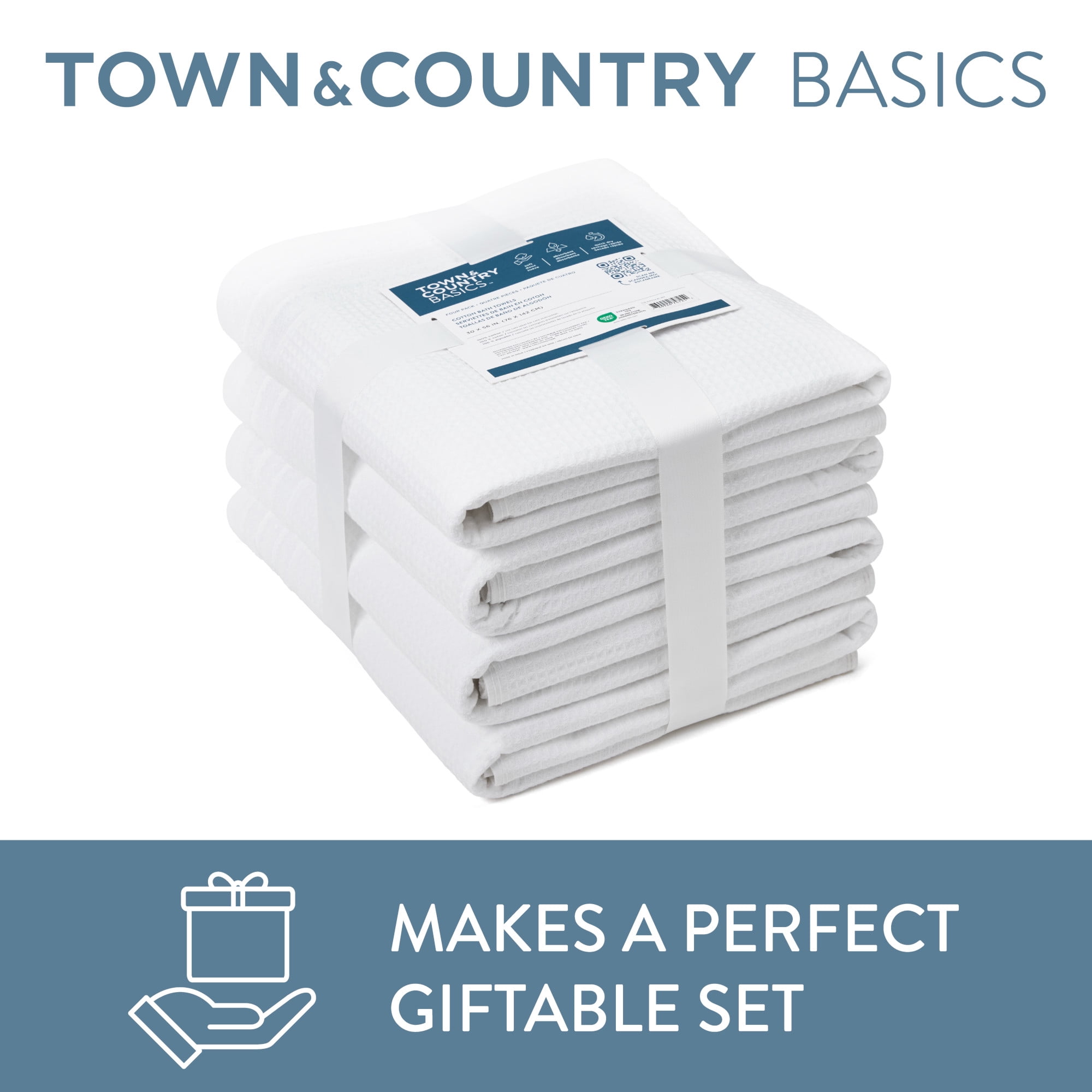 TOWN & COUNTRY BASICS 6-Piece Assorted Waffle Woven Terry Stripe Set, 2 Bath Towel, 2 Hand Towel, 2 Washcloth, 100% Cotton, Quick Dry, White