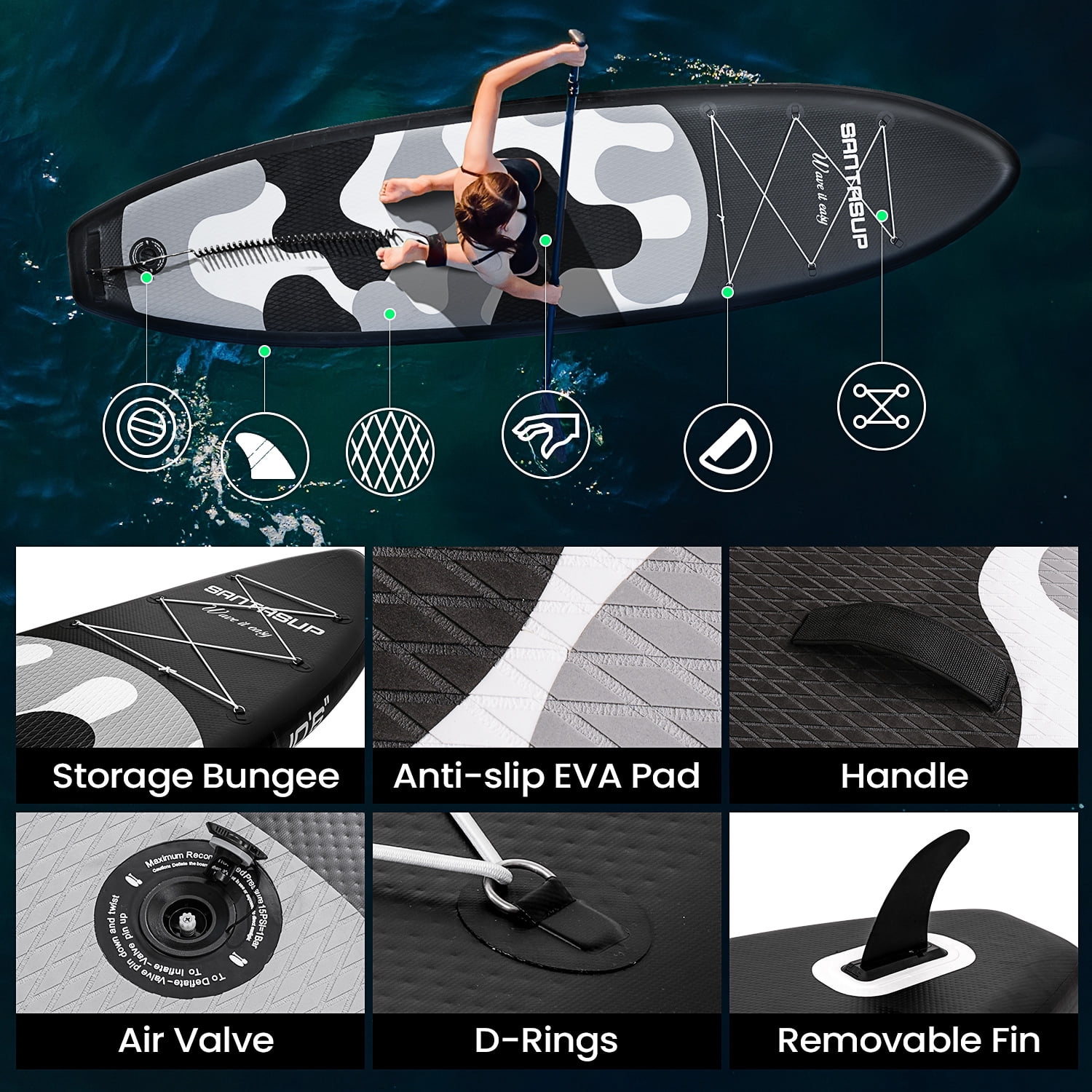 Santasup Inflatable Paddle Board, Black White Stand Up Paddle Boards for Adults, Sup Board for Fishing, Wide Stance for All Levels, Sup Accessories with Double Action Pump