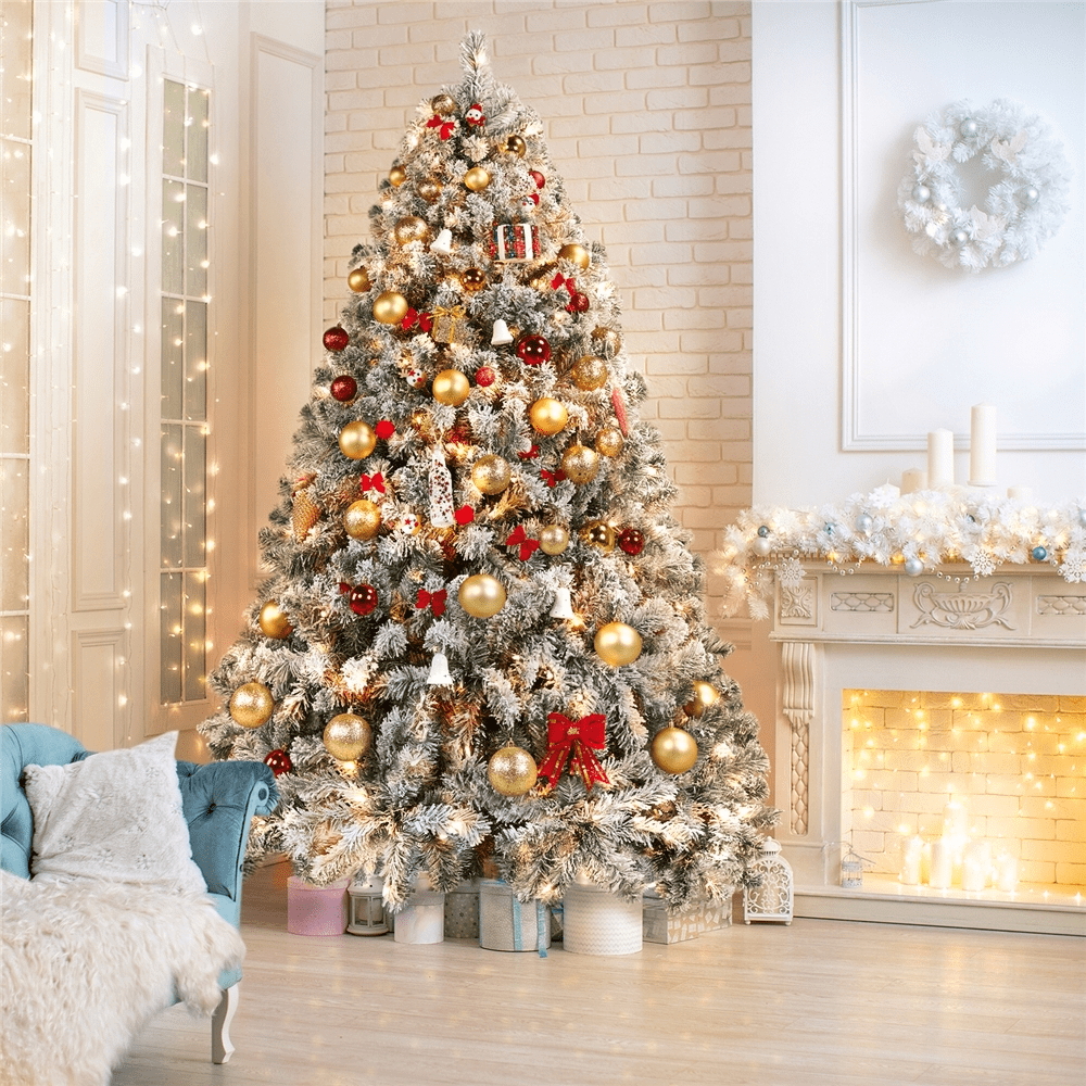 Alden Design 7.5 ft Pre-Lit Flocked Christmas Tree with Warm Lights, Frosted White