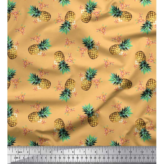Soimoi Orange Silk Fabric Peach Floral & Pineapple Fruits Print Fabric by The Yard 42 Inch Wide