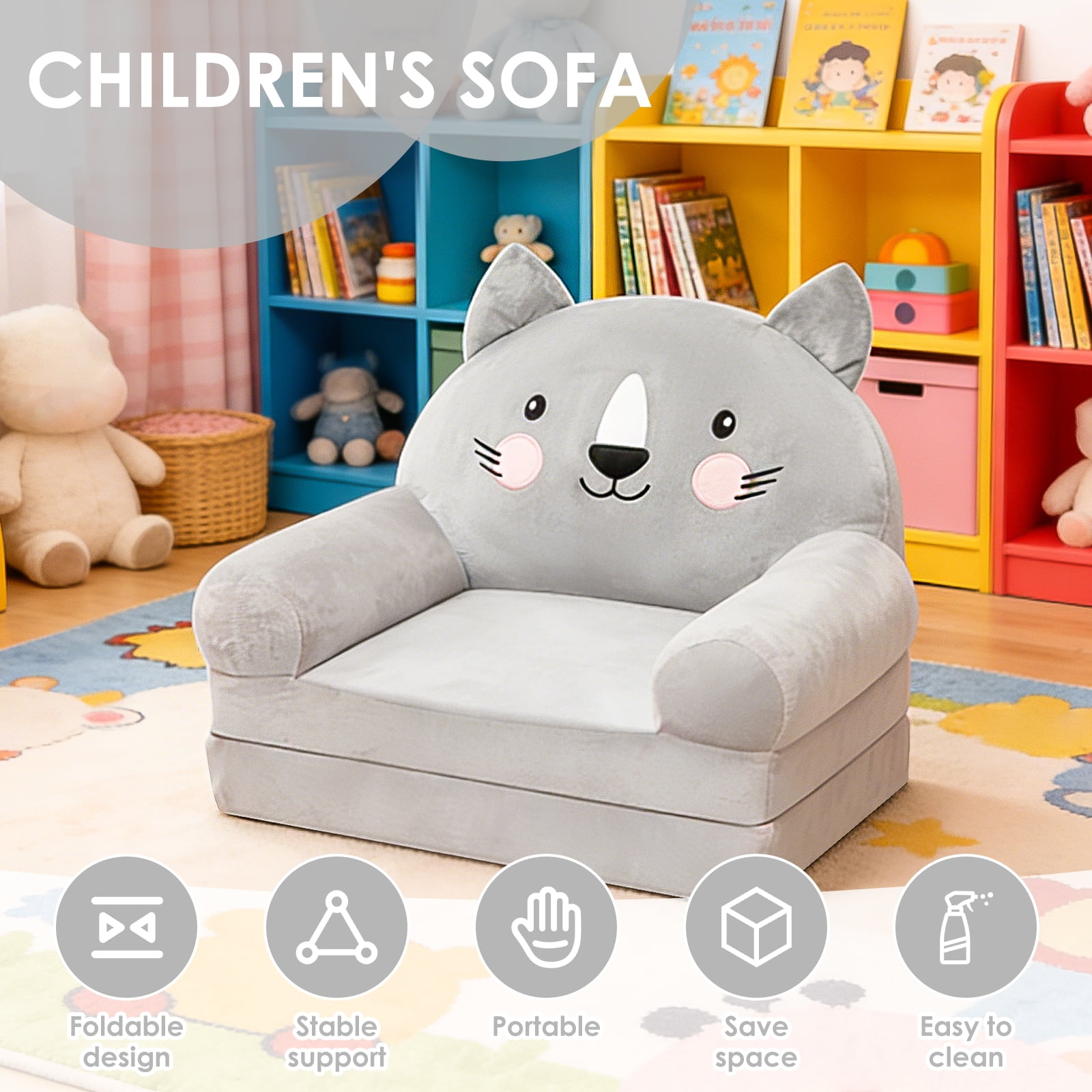 Dznils Toddler Sofa Chair, 2-in-1 Soft Foam Flip Open Kids Couch Lounger Comfy, Ages 1+, Gray Cat