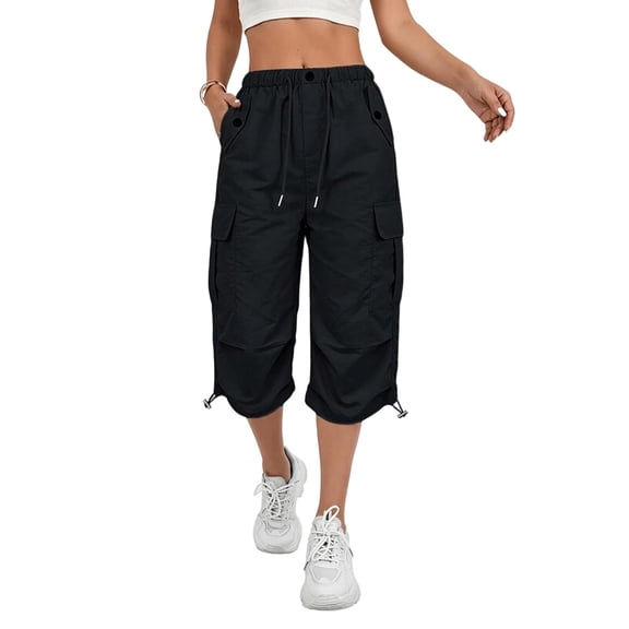 LEAVINGSUO Cargo Pants Women Solid Color Casual Straight Leg Stretch Waistband Pocket Workwear Capri Pants Black S