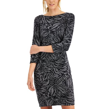 Anne Klein BLACK/SILVER Womens Animal-Metallic Side-Pleat Boat-Neck Dress, US 10