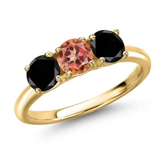 Gem Stone King 18K Yellow Gold Plated Silver Ecstasy Mystic Topaz and Black Diamond Engagement Ring for Women | 2.10 Cttw | Round 5MM | Gemstone November Birthstone | Size 5