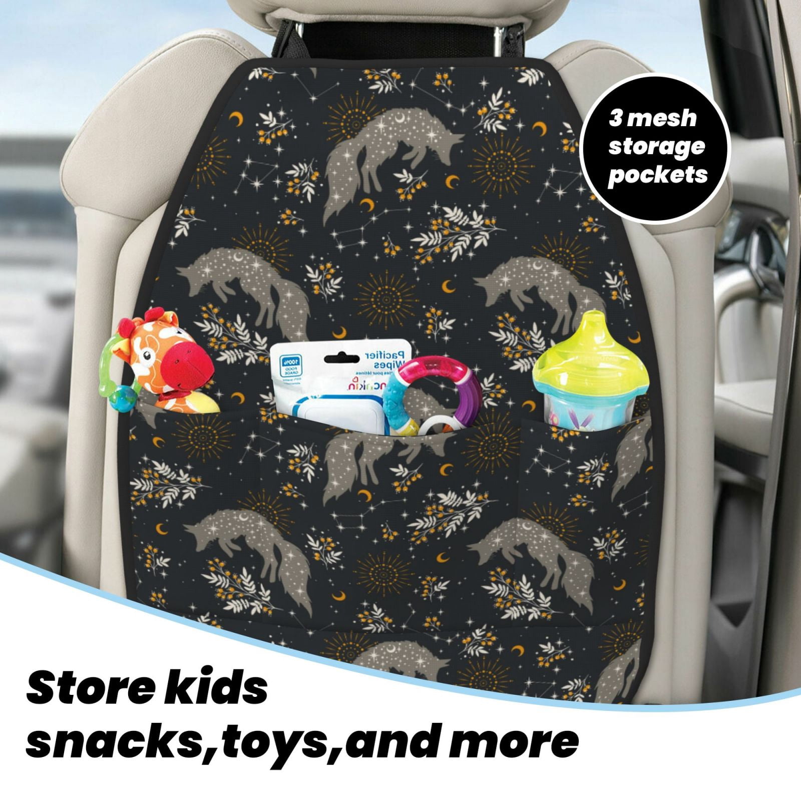 Kdxio Vintage Moon with Plants and Fox Print 2 Pack Car Kick Mat Seat Cover Back Protector Mat with Pockets for Organizer Backseat Protector and Storage Anti Kick Pad for Vehicles
