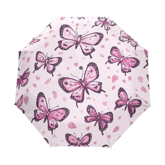 BZSMCE One-Touch Auto Open Close Rain Umbrella With Creative Pink Butterfly Bliss Pattern