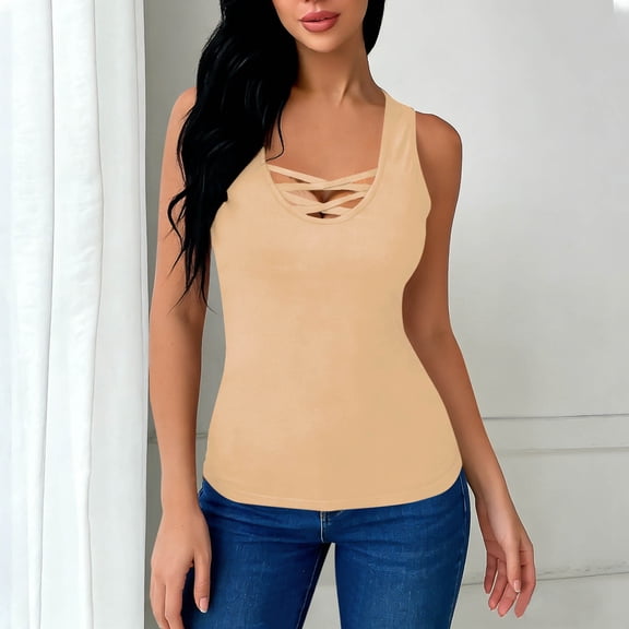 Dolkfu Crew Neck Fancy Tops for Women Criss Cross Workout Tank Tops Gym Fitted Sleeveless Shirts for Woman L
