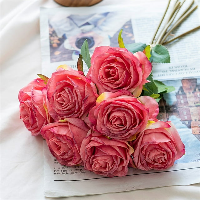 Ramo de Rosas Artificiales, Arreglo Floral Estilo Europeo con Bordes Quemados, Centro de Mesa de Flores Falsas con 7 Cabezas, Rosas de Seda Decorativas para Sala, Mesa, Decoración de Bodas
