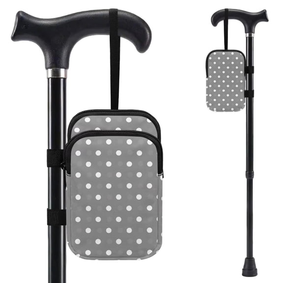 COEQINE Forearm Crutch Bag Walking Cane Accesories Grey White Polka Dot Elbow Crutch Storage Organizer, 2 Zippered Pockets, Lightweight, Hands-Free, for Adults & Seniors