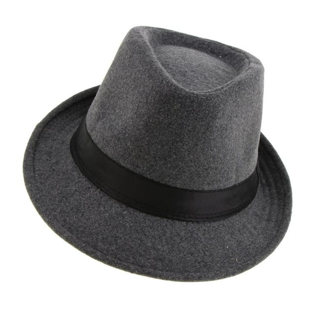 Classic Unisex Felt Fedora Hat Ribbon Band Winter Manhattan Wool Panama Hat - Gray, as described