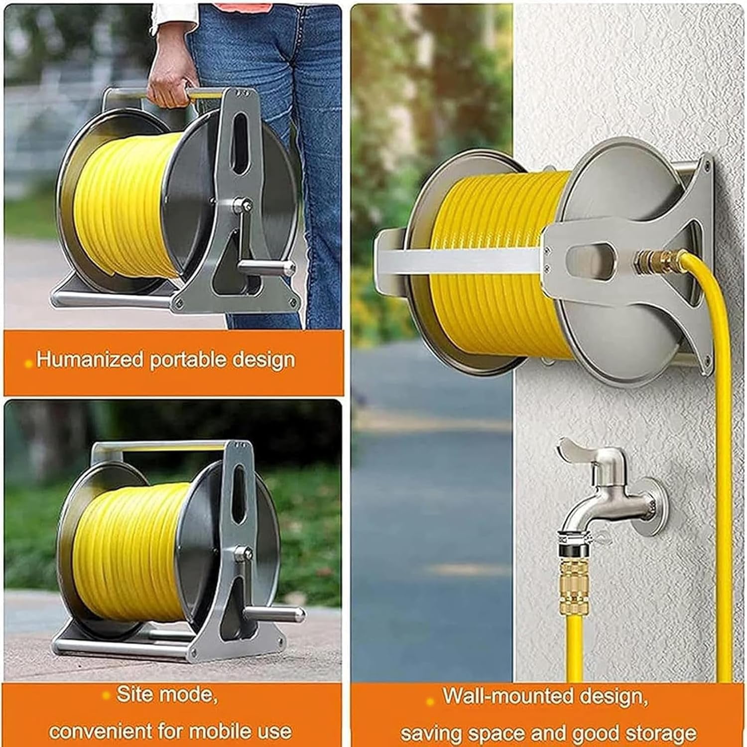 Garden Hose Reel Metal, Portable Compact Hose Reel, Freestanding Garden Hose Reel with 360° Rotatable Handle, Holds 40M Hose Capacity, for Yard Garden Farm and Patio