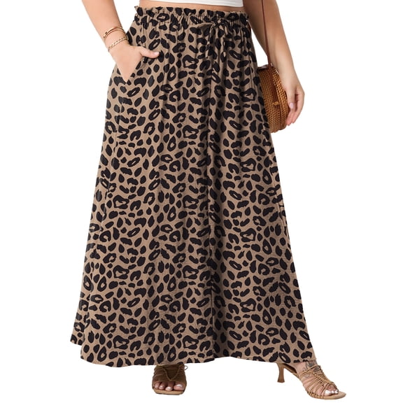 Cueply Women's Plus Size Maxi Skirt Elastic Tie Front Long A-line Flowy High Waist DrawstringSkirts with Pockets for Women