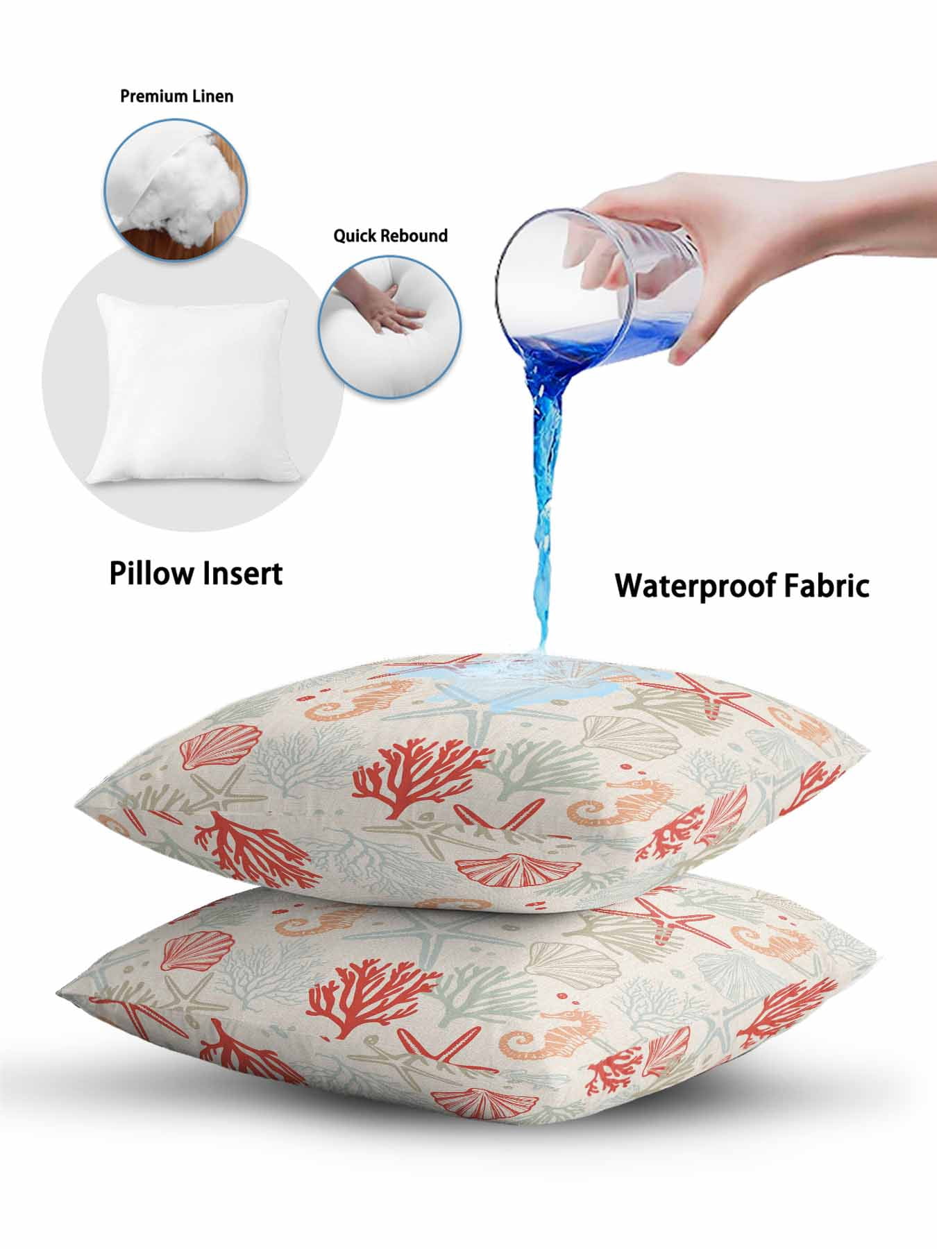 Waterproof Outdoor Throw Pillows with Inserts 18"x18", Red Orange Coastal Soft Decorative Pillowcases for Couch Bedroom, Summer Beach Starfish Coral Nautical Rustic Pillow Covers for Sofa Living Room