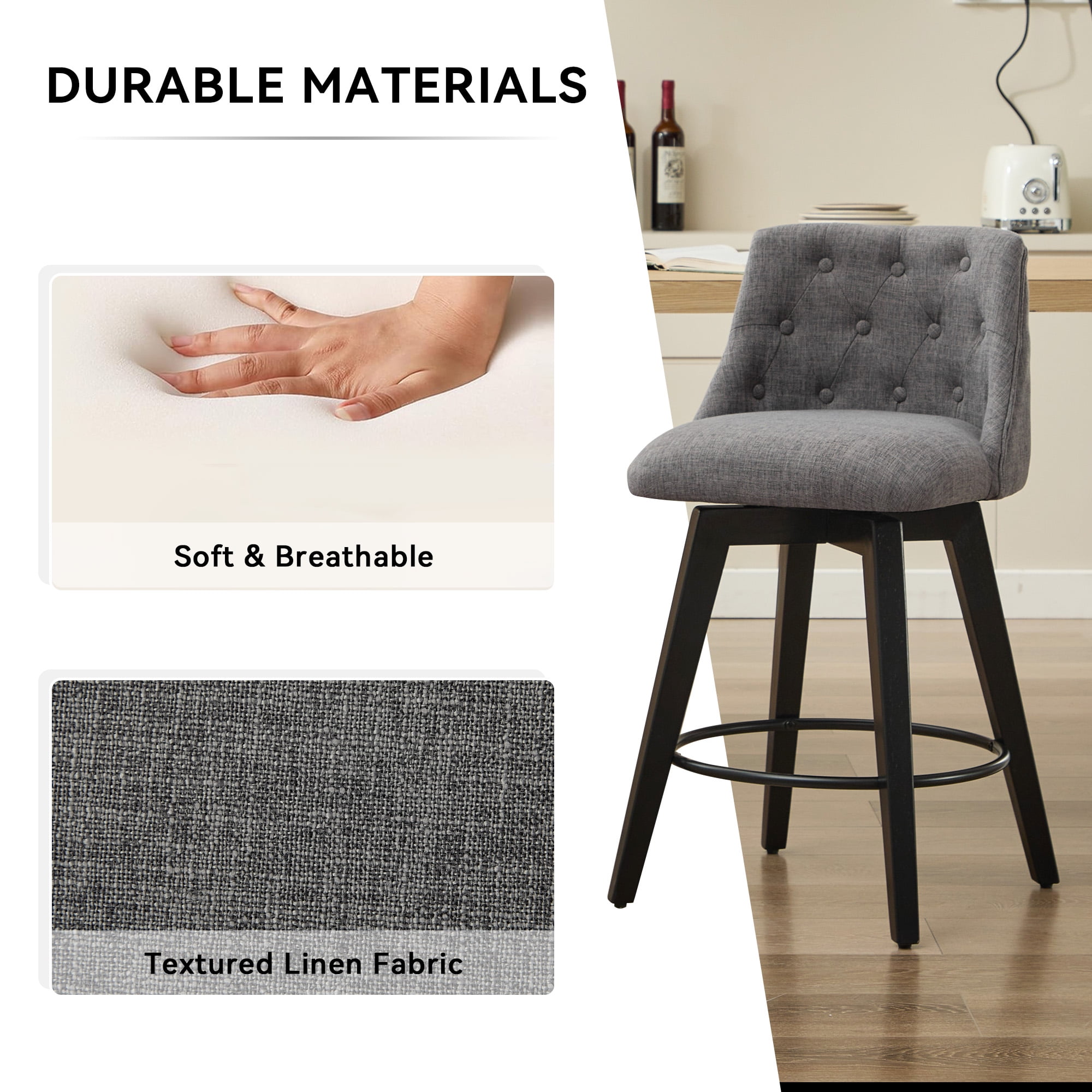 Bananova Swivel Velvet Bar Stools Set of 2, 25" Counter Height Upholstered Chairs with Tufted Back, Wood Legs & Metal Footrest, for Kitchen Island & Home Bar, Grey