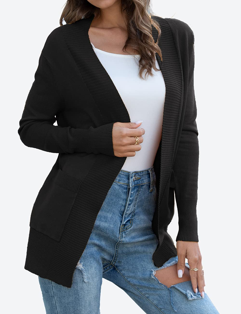 FOLUNSI Women's Casual Knit Cardigan, Black photo 2