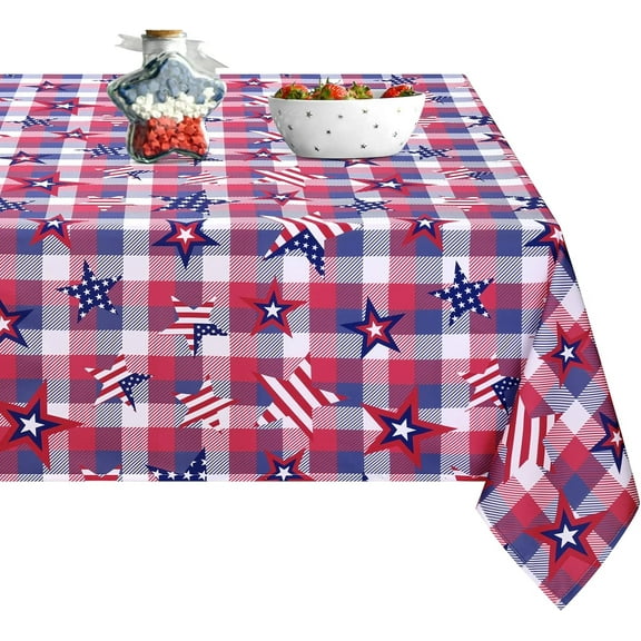 4th of July Tablecloth, Red Blue Checkered and Stars Table Cloth, Waterproof Polyester Tablecloth, Patriotic Stars Tablecloth for Fourth of July Party Holiday Decoration, 60 x 84 inch