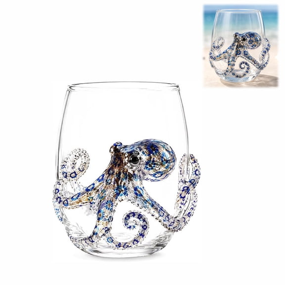 3D Octopus Stemless Wine Glass, Handcrafted Blue Ringed Ocean Animal Drinking Glass for Wine and Cocktails, Novelty Coastal Bar Decor Gift