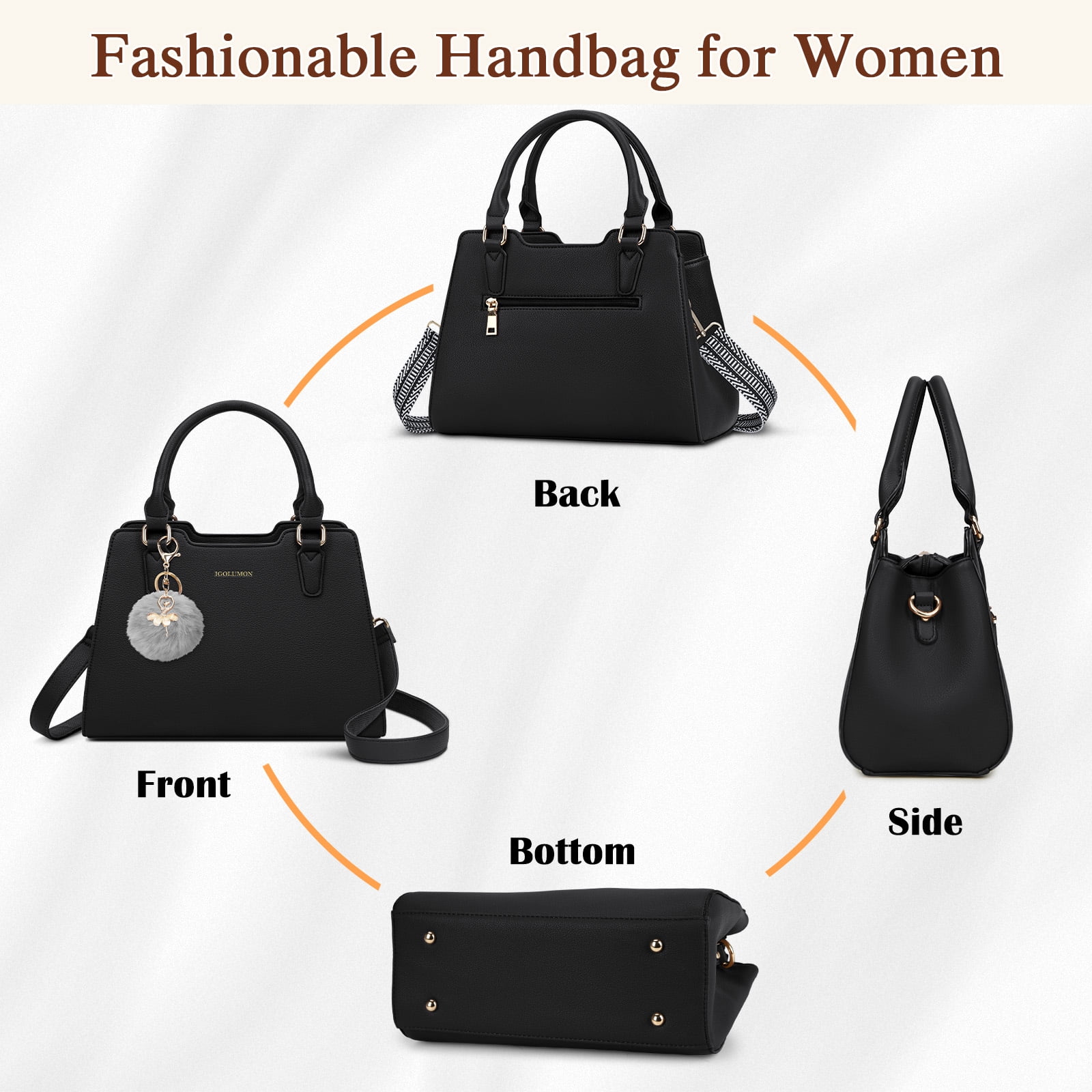 Women's Top Handle Handbag Classic Small Crossbody Bag Leather Tote Purse with Cute Pompom Designer Hobo Purse, Black