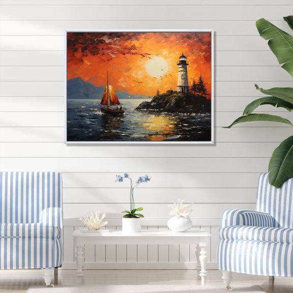 Designart "Lighthouse Guiding Painting I" Nautical & Beach Floater Framed Wall Art Print