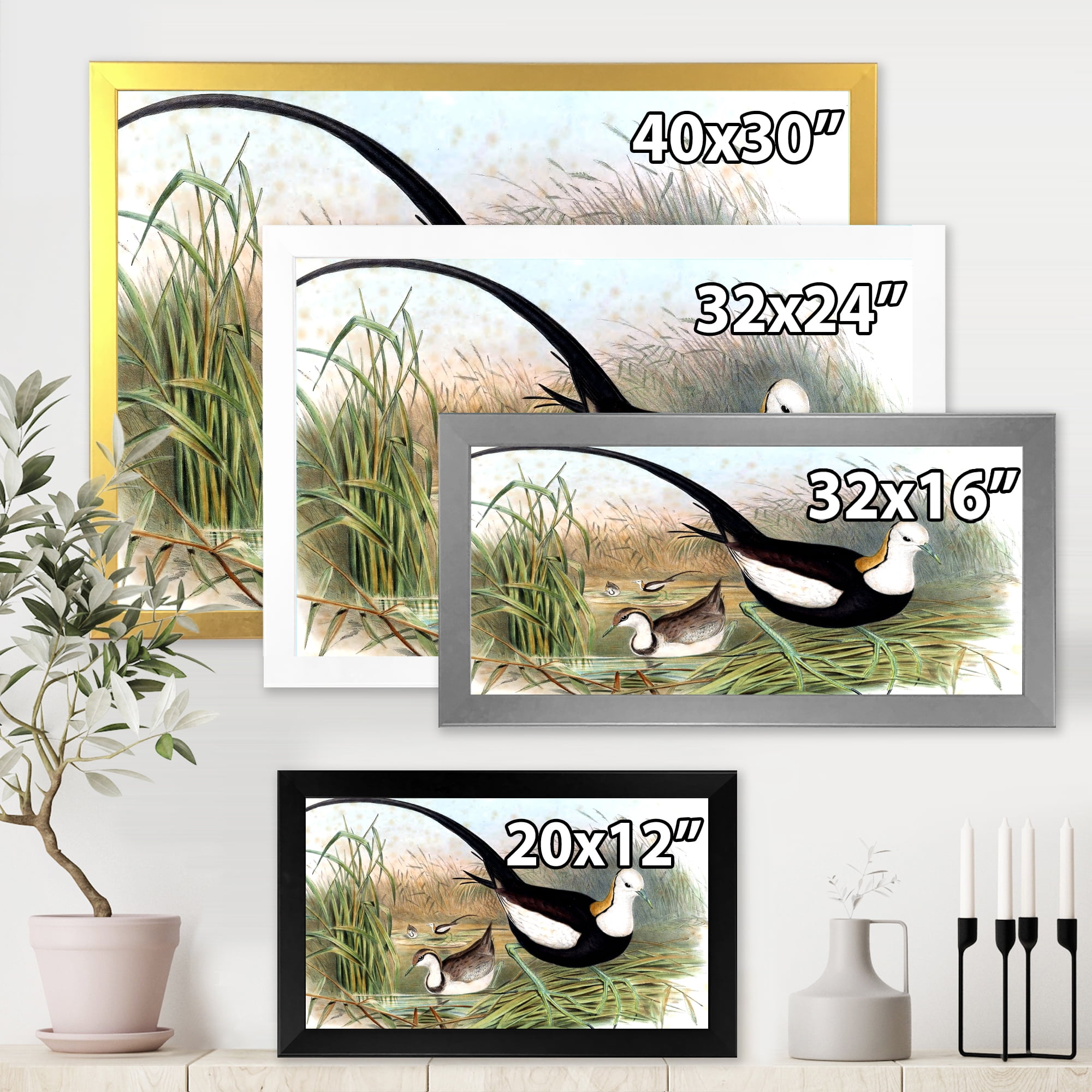 Designart 'Vintage Countryside Birds In Lake' Farmhouse Framed Art Print
