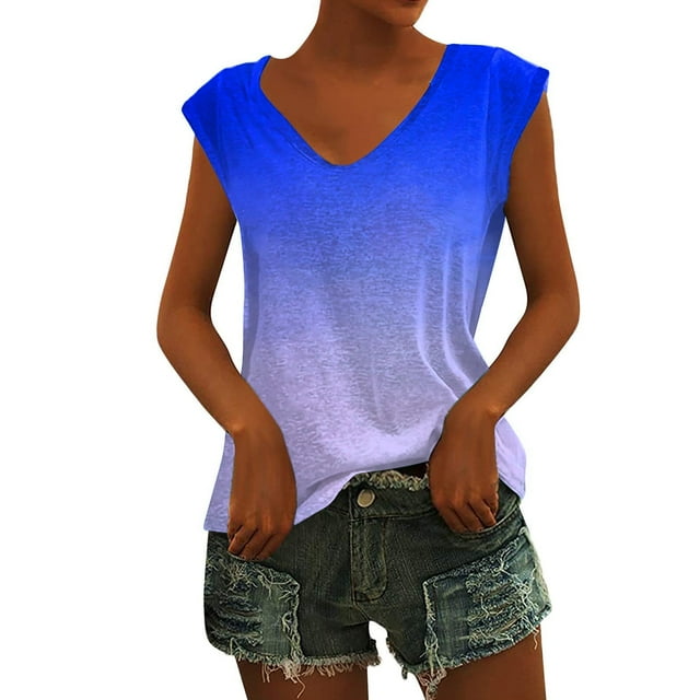 Womens Summer Gradient Print Tops V Neck Loose Tunic Shirts Casual Short Sleeve Shirts
